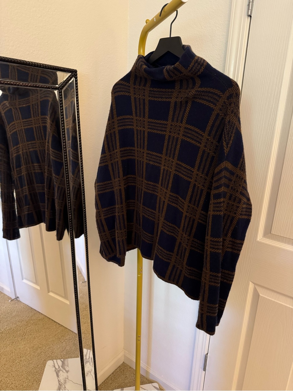 Vince Navy and Brown Plaid Turtleneck Sweater - Women